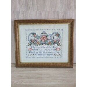 Vintage Bucilla Bless My Kitchen Cross Stitch Framed Teapot Sampler Decor